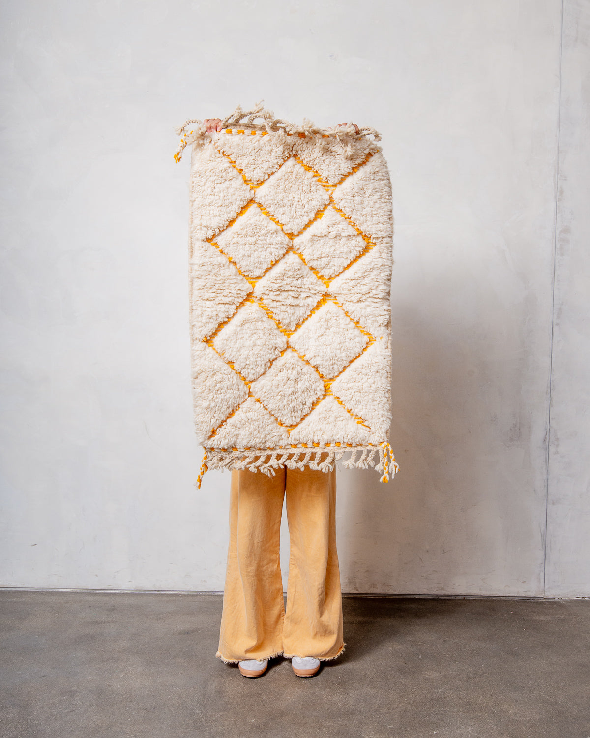 Modern, designer, handcrafted Berber rug from Morocco. Beniourain carpet with beautiful colours and patterns and fluffy wool texture.